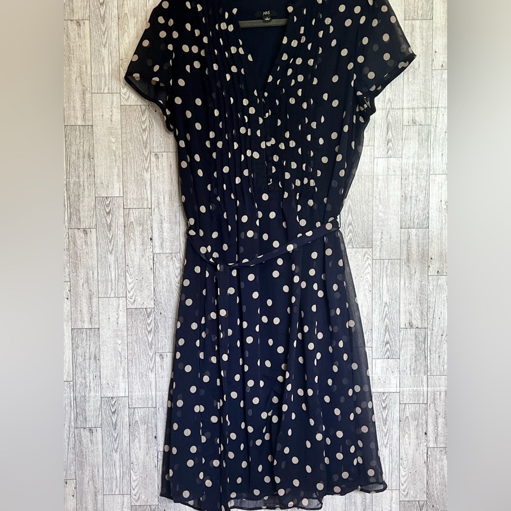 JBS Navy Dress w/ Tan Polka‎ Dots, Belted-Optional / Size 14